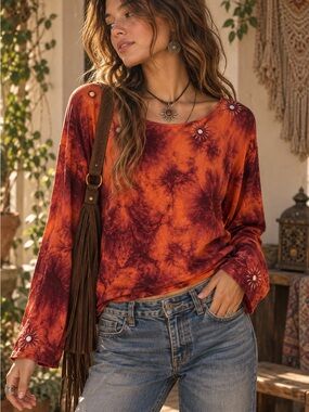 Boho Tie Dye Mirror Embroidered Top Made in India 100% Rayon